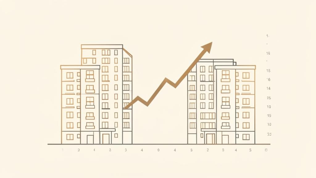 KAUFY — Illustration von Wohngebäuden mit steigender Cashflow-Kurve
